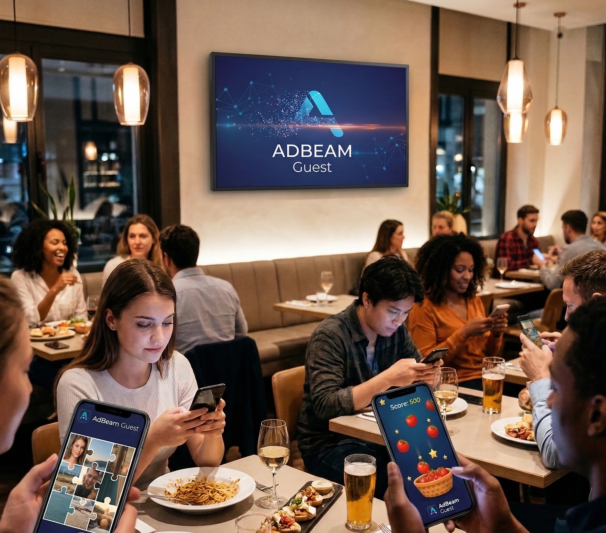 Modern éttermi belső tér: vendégek az AdBeam Guest játékait használják okostelefonon, a falon lévő kijelzőn az AdBeam Guest megjelenik